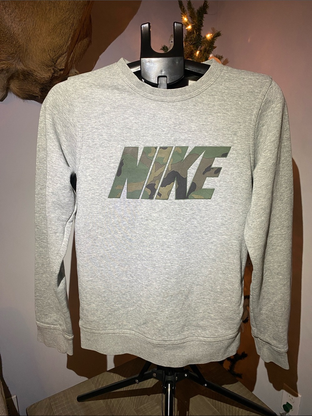 Nike Light Gray Crewneck Sweatshirt with Camo Logo